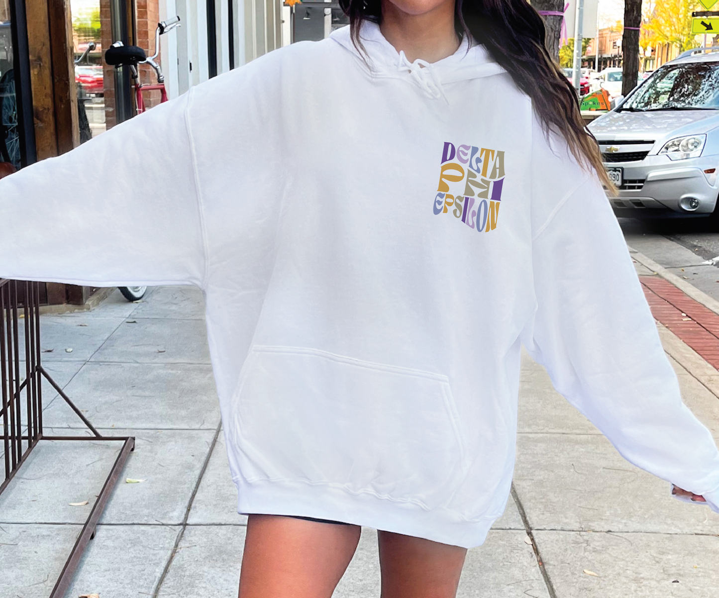 Delta Phi Epsilon Oversized Shirt, Groovy Sorority Sweatshirt , Delta Phi Epsilon Hoodie, Delta Phi Epsilon shirt, D Phi E sorority shirt